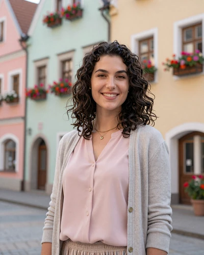 Austrian woman Theresa at a charming town square in Wels with pastel-colored facades