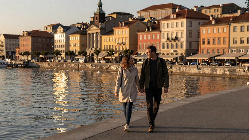 Couple walking together along a European waterfront promenade at sunset reflecting international dating success