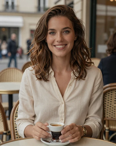 French woman Elise smiling at a Paris cafe terrace