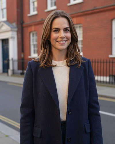 British woman Charlotte smiling on a London street with red brick backdrop