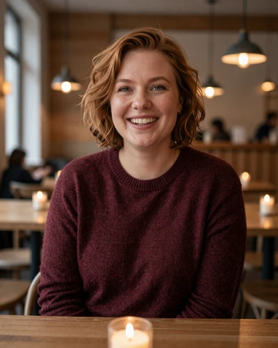 Danish woman Ida laughing at a cozy candle-lit Aarhus cafe