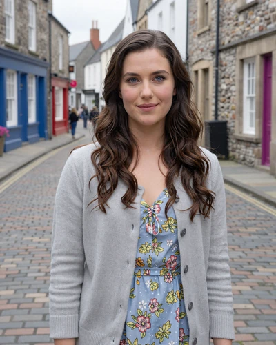 Irish woman Caoimhe in a cobblestone medieval street in Waterford city