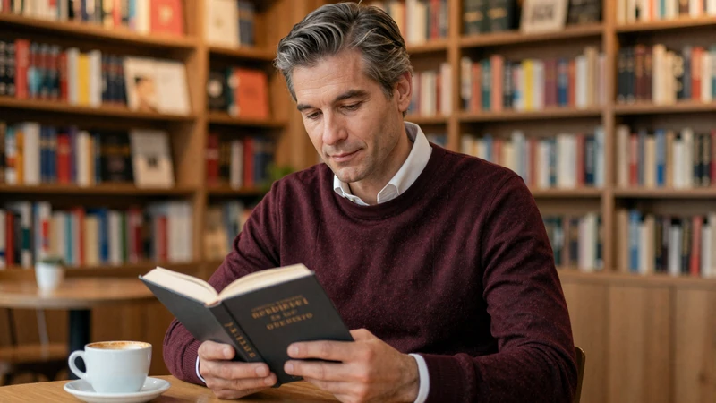 Mature American man reading at a cozy European bookshop cafe reflecting cultural sophistication