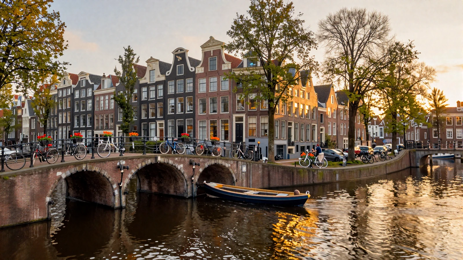 Amsterdam canal at golden hour with traditional Dutch houses and bicycles for Dutch women dating