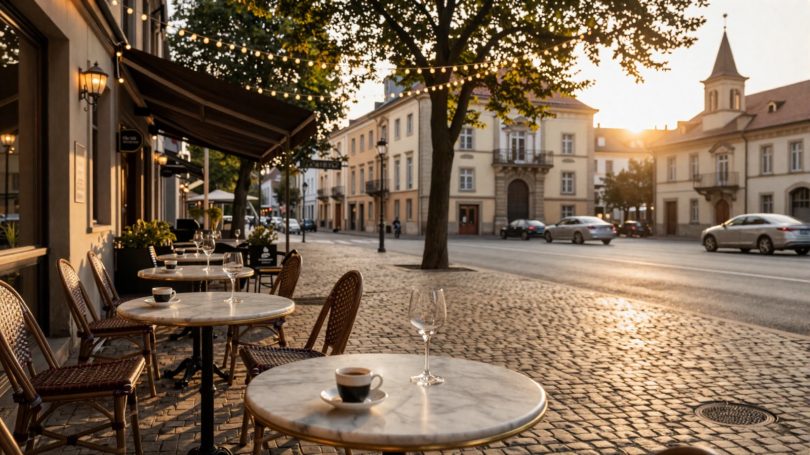 Romantic European cafe terrace at golden hour with string lights and wine glasses on a cobblestone street