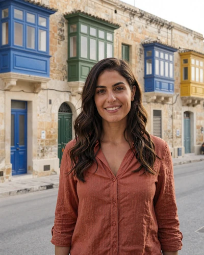 Maltese woman Maria smiling on a historic limestone street in Valletta with colorful balconies