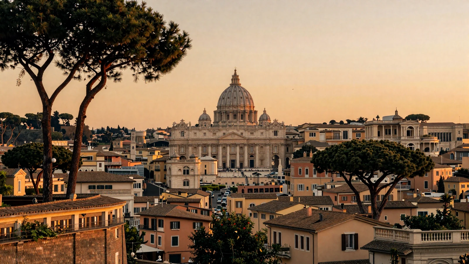 Golden hour view of Rome Italy with terracotta rooftops and St Peters dome for Italian women dating