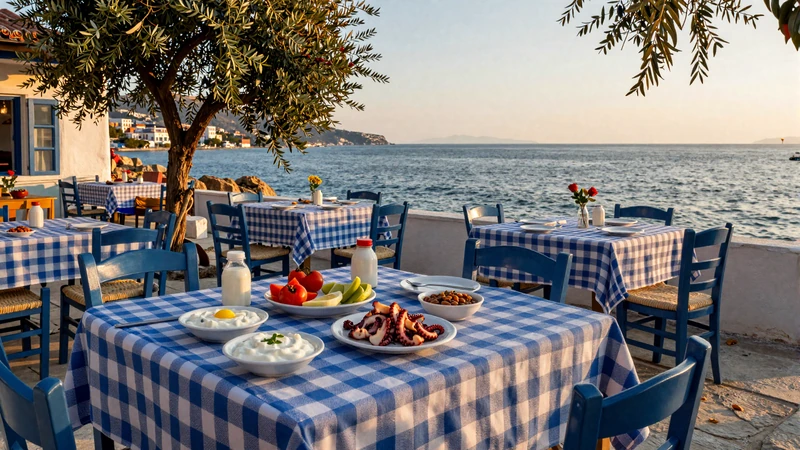 Traditional Greek seaside taverna with Mediterranean mezes and blue sea view perfect for Greek dating